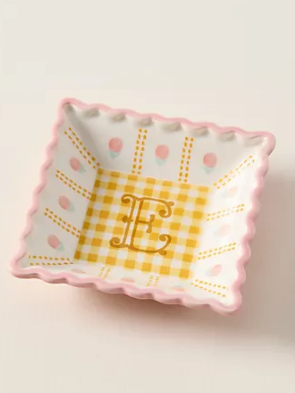 Anthropologie Monogram E Stoneware Trinket Dish Dice Holder in Pink Yellow
